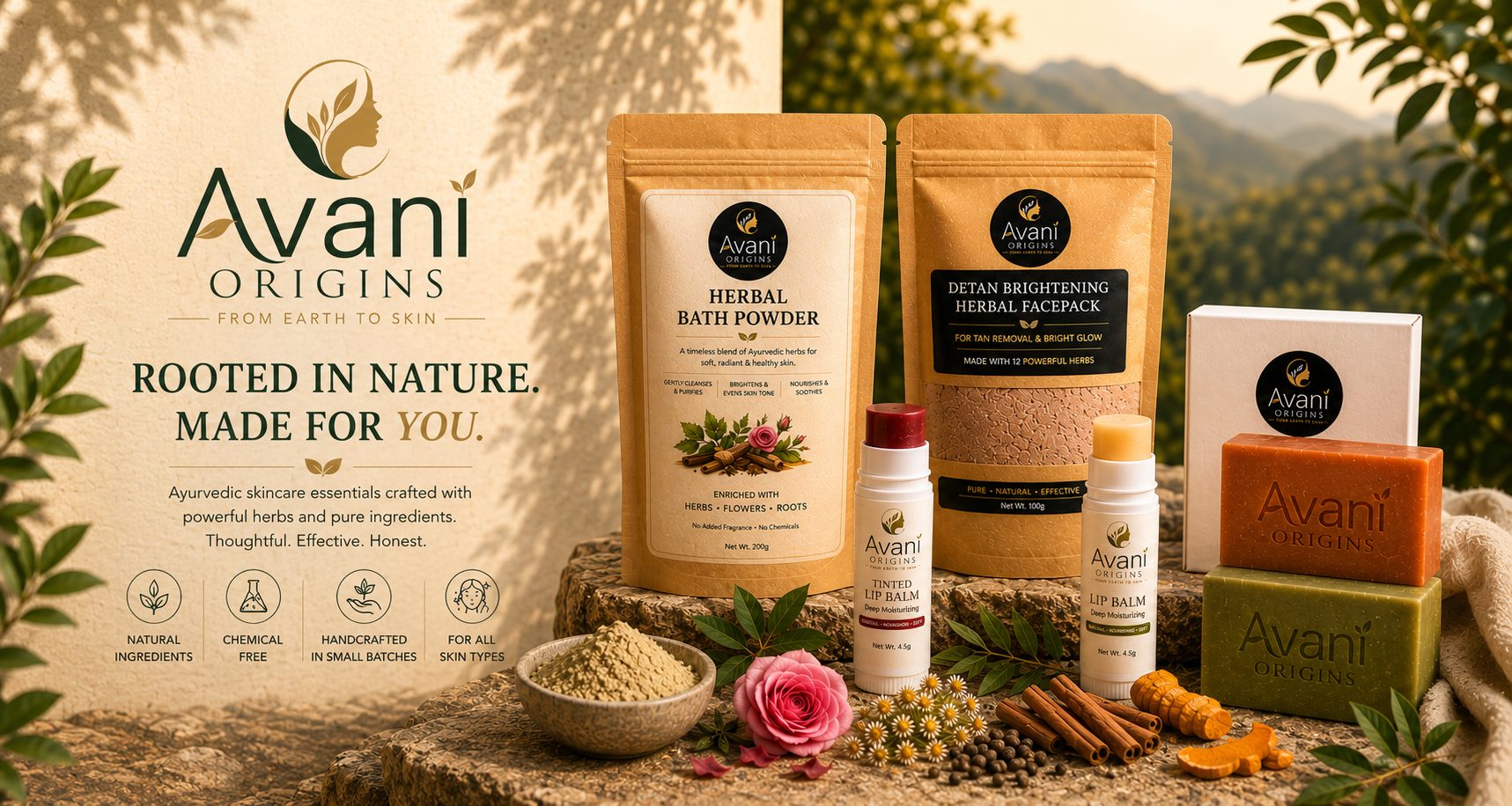 Avani Origins — Rooted in Nature, Made for You. Ayurvedic skincare essentials crafted with powerful herbs and pure ingredients.